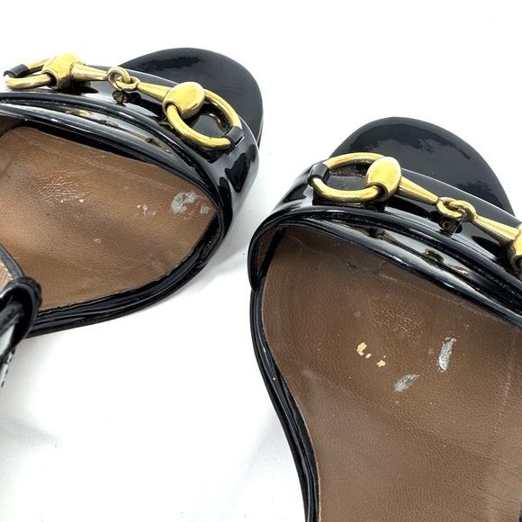 Gucci Horsebit Black Patent Leather Platform Sandals – Ankle Strap Peep Toe 7.5 - Picture 7 of 11